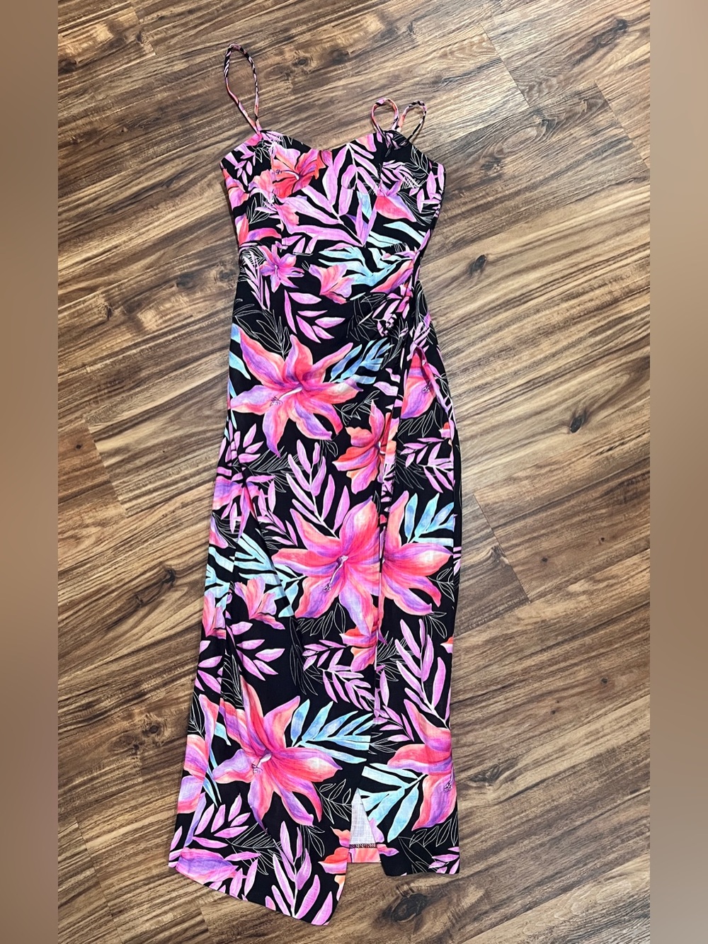 Zara Black Floral Midi Dress with Pink and Blue Blooms